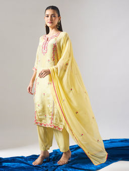 Samyukta Singhania - Thread and Zari Embroidered Green Kurta with Pant and Dupatta