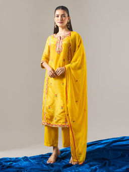 Samyukta Singhania - Shimmer Tissue Embroidered Yellow Kurta with Pant and Dupatta