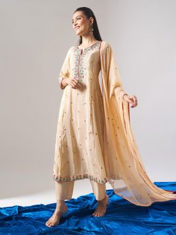 Samyukta Singhania - Shimmer Tissue Embroidered Beige Kurta with Pant and Dupatta
