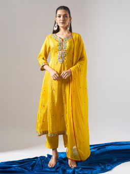Samyukta Singhania - Shimmer Tissue Yellow Kurta with Pant and Dupatta