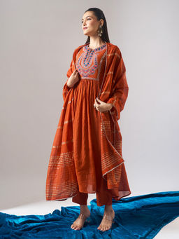 Samyukta Singhania - Embroidered Mul Chanderi Rust Anarkali with Pant and Dupatta