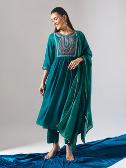 Samyukta Singhania - Mul Chanderi Embroidered Teal Anarkali with Pant and Dupatta