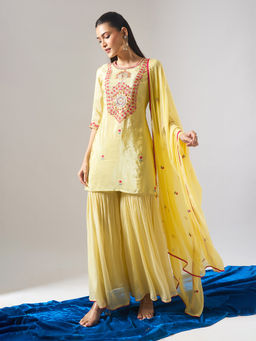 Samyukta Singhania - Thread and Mirror Embroidered Green Kurta with Sharara and Dupatta