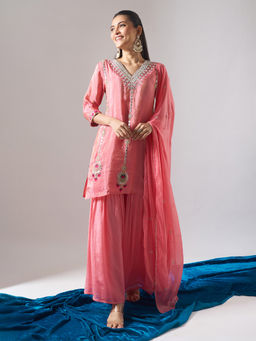 Samyukta Singhania - Embroidered Pink Kurta with Palazzo with Dupatta