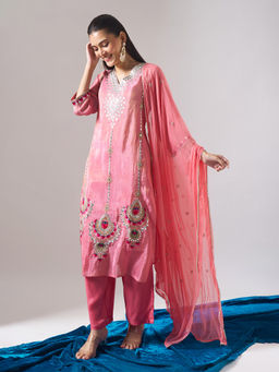 Samyukta Singhania - Embroidered Pink Kurta with Pant with Dupatta