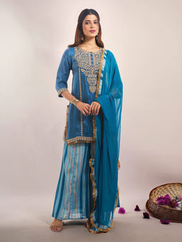 Samyukta Singhania - Shimmer Tissue Zari-Dori Embroidered Blue Kurta with Palazzo and Dupatta