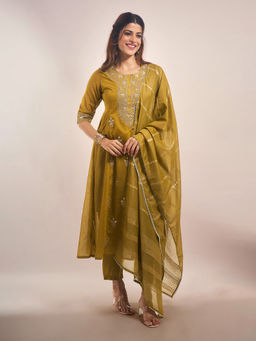 Samyukta Singhania - Mul Chanderi Zari Dori Embroidered Olive Anarkali with Pant and Dupatta