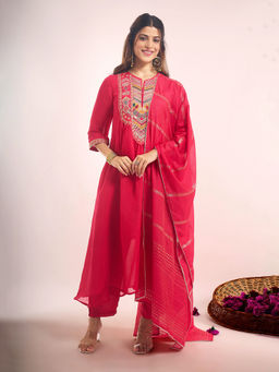 Samyukta Singhania - Mul Chanderi Embroidered Red Kurta with Pant and Dupatta