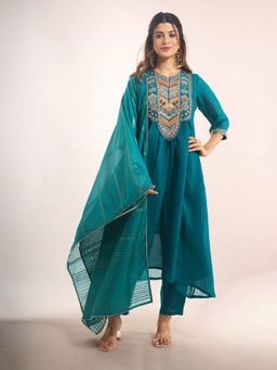 Samyukta Singhania - Mul Chanderi Embroidered Teal Kurta with Pant and Dupatta