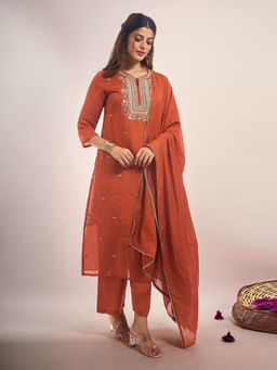 Samyukta Singhania - Mul Chanderi Embroidered Rust Kurta with Pant and Dupatta