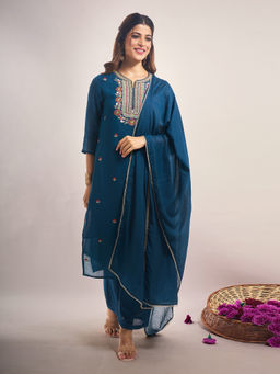 Samyukta Singhania - Embroidered Mul Chanderi Teal Kurta with Pant and Dupatta
