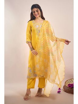 Samyukta Singhania - Shimmer Tissue Floral Embroidered Yellow Kurta with Pant and Dupatta