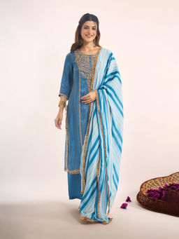 Samyukta Singhania - Zari Dori Embroidered Blue Kurta with Pant and Dupatta