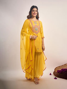 Samyukta Singhania - Thread and Mirror Embroidered Yellow Kurta with Sharara and Dupatta