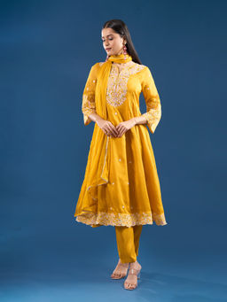 Samyukta Singhania - Sequin Embroidered Mustard Anarkali with Pant and Dupatta