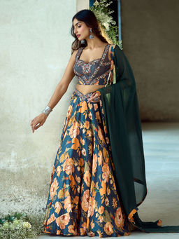 Samyukta Singhania - Printed Silk Embroidered Blue Lehenga with Blouse and Dupatta