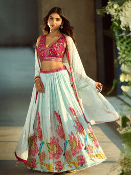 Samyukta Singhania - Floral Pattern Blue Lehenga with Blouse and Dupatta