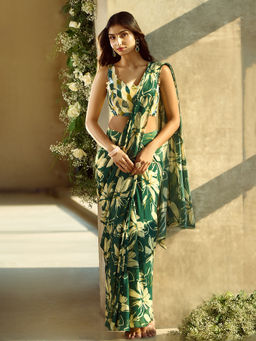 Samyukta Singhania - Floral Pattern Pre-Draped Green Saree with Stitched Blouse