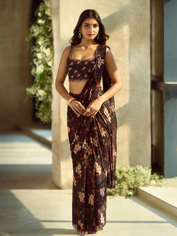 Samyukta Singhania - Floral Pattern Pre-Draped Brown Saree with Stitched Blouse