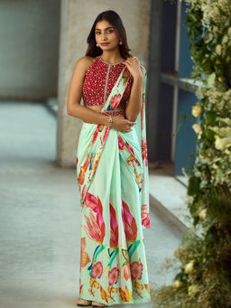 Samyukta Singhania - Floral Pattern Pre-Draped Blue Saree with Stitched Blouse