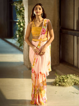 Samyukta Singhania - Floral Pattern Pre-Draped Yellow Saree with Stitched Blouse