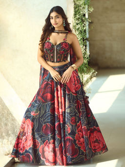 Samyukta Singhania - Rose Pattern Red Lehenga with Blouse and Dupatta