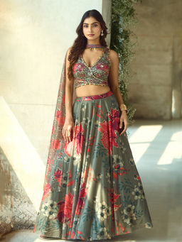 Samyukta Singhania - Floral Pattern Green Lehenga with Blouse and Dupatta