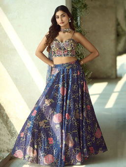 Samyukta Singhania - Handwork Printed Lycra Blue Corset Lehenga with Blouse and Dupatta