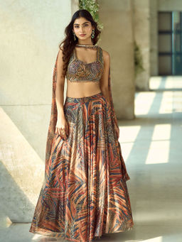 Samyukta Singhania - Printed Lycra Brown Corset Lehenga with Blouse and Dupatta