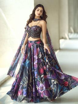 Samyukta Singhania - Handwork Printed Lycra Black Corset Lehenga with Blouse and Dupatta
