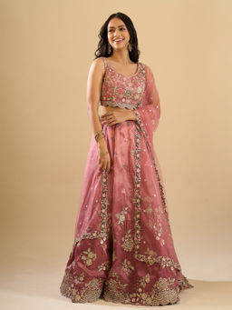 Samyukta Singhania - Sequinned Tissue Sleeveless Pink Lehenga with Blouse and Dupatta
