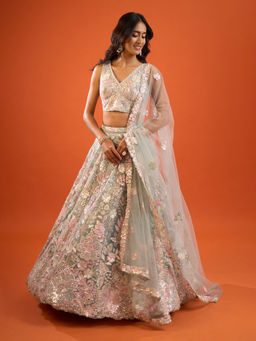 Samyukta Singhania - Sequinned Net Turquoise Lehenga with Blouse and Dupatta