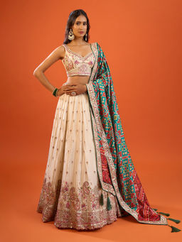 Samyukta Singhania - Sequinned Tissue Embroidered Beige Lehenga with Blouse and Dupatta