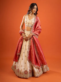 Samyukta Singhania - Embroidered Tissue Beige Lehenga with Blouse and Dupatta