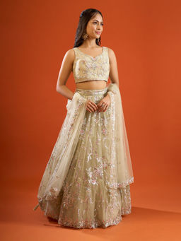 Samyukta Singhania - Floral Sequin Embroidered Green Lehenga with Blouse and Dupatta