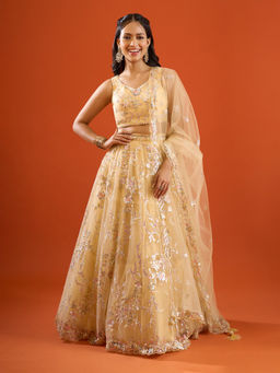 Samyukta Singhania - Sequin Floral Embroidered Net Yellow Lehenga with Blouse and Dupatta