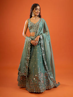 Samyukta Singhania - Sequinned Thread Embroidery Organza Green Lehenga with Blouse and Dupatta