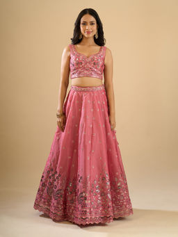 Samyukta Singhania - Sequinned Embroidery Organza Pink Lehenga with Blouse and Dupatta