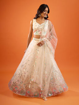 Samyukta Singhania - Sequinned Embroidery Net Cream Lehenga with Blouse and Dupatta
