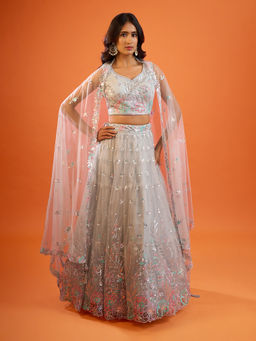 Samyukta Singhania - Sequin Embroidered Net Grey Lehenga with Blouse and Dupatta