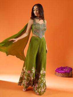 Samyukta Singhania - Green Hand Work Embroidered Palazzo with Top and Dupatta