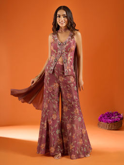 Samyukta Singhania - Purple Floral Embroidered Palazzo with Top and Dupatta