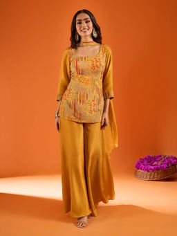 Samyukta Singhania - Yellow Silk Embroidered Sharara with Top and Dupatta