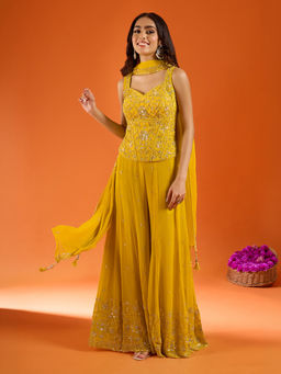 Samyukta Singhania - Yellow Silk Embroidered Sharara with Top and Dupatta
