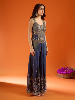 Samyukta Singhania - Blue Embroidered Silk Sharara with Top and Dupatta