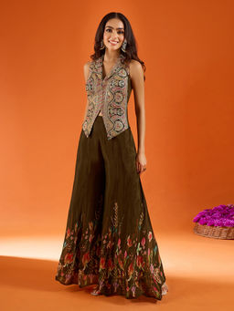Samyukta Singhania - Brown Embroidered Silk Sharara with Top