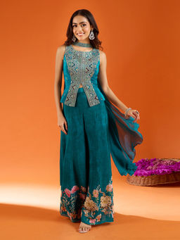 Samyukta Singhania - Green Silk Embroidered Sharara with Top and Dupatta