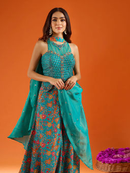 Samyukta Singhania - Green Silk Embroidered Sharara with Top and Dupatta