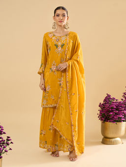 Samyukta Singhania - Yellow Embroidered Kurta Sharara with Kurta and Dupatta