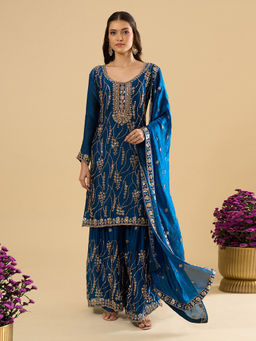 Samyukta Singhania - Blue Embroidered Kurta Sharara with Kurta and Dupatta